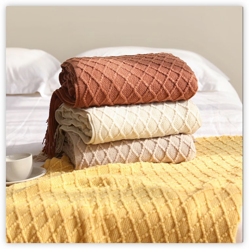Boho Throw Blanket Fringe - Coperta in maglia a rombi con